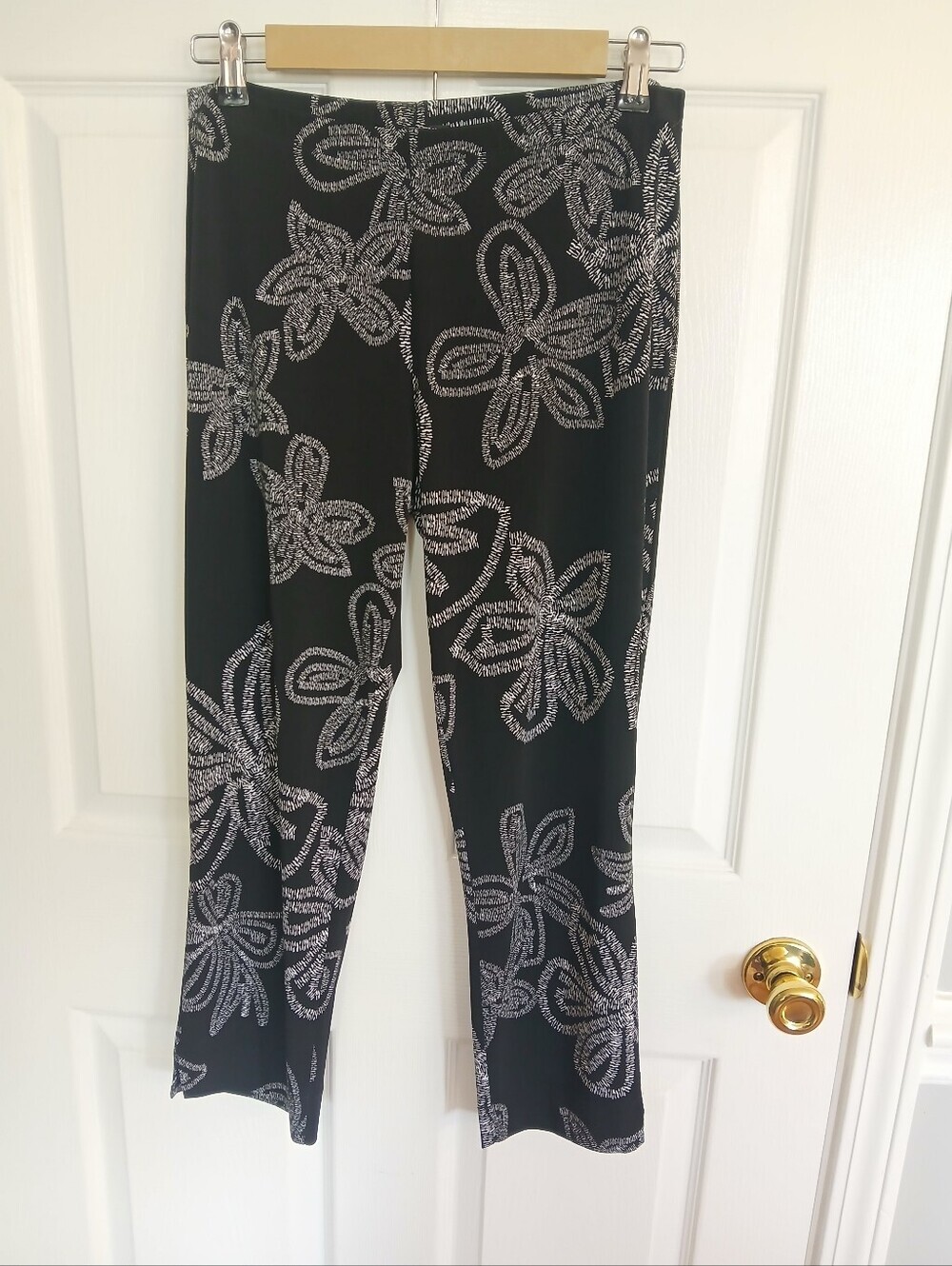 Clara Sun Woo Black Floral Print Stretch Pull On Pants Vacation Resortwear